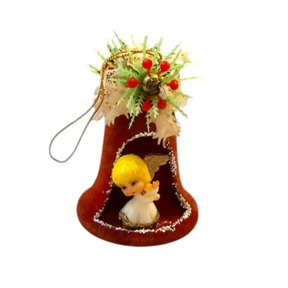 Vintage Hong Kong Flocked Bell Christmas Ornaments Angel Child Diorama Pair 60s